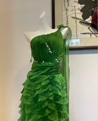 Chic Dark Green One-Shoulder Layered Ruffle Chiffon Long Prom Dresses Evening Dresses