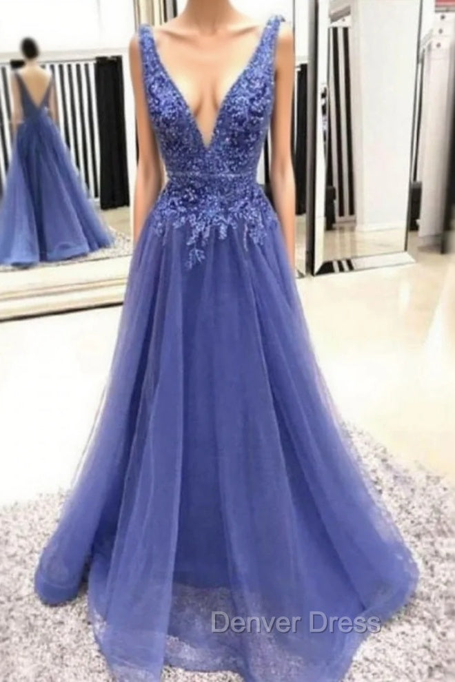 Chic Deep V Neck Straps Long Prom Gown Exquisite Lace Beading Prom Gowns Main image