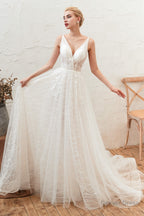 Chic Deep V Neck White Tulle Princess Open Back Wedding Dresses with Court Train