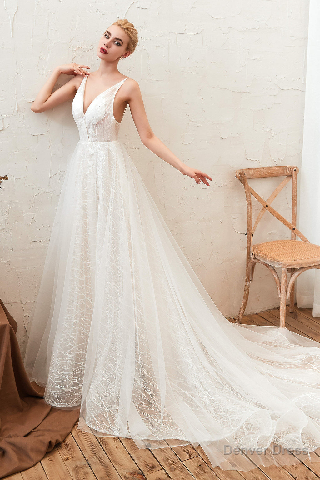 Chic Deep V Neck White Tulle Princess Open Back Wedding Dresses with Court Train