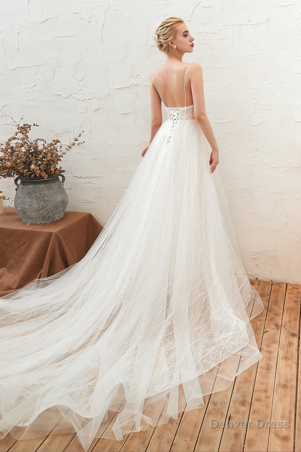 Chic Deep V Neck White Tulle Princess Open Back Wedding Dresses with Court Train