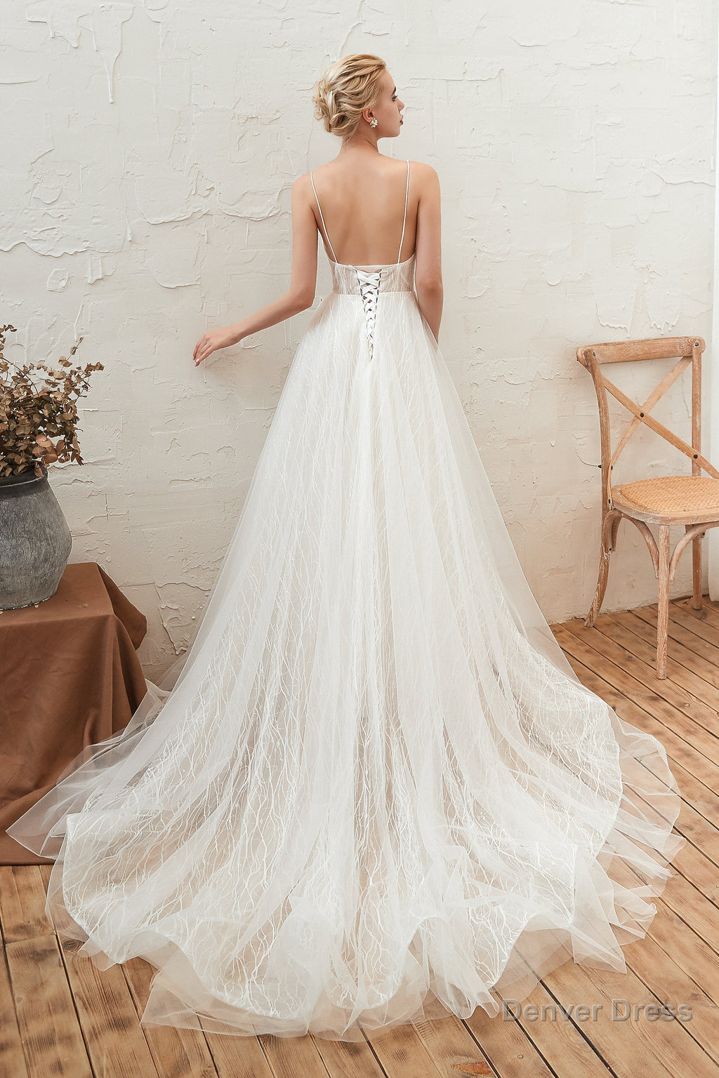 Chic Deep V Neck White Tulle Princess Open Back Wedding Dresses with Court Train