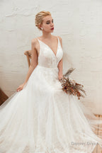 Chic Deep V Neck White Tulle Princess Open Back Wedding Dresses with Court Train