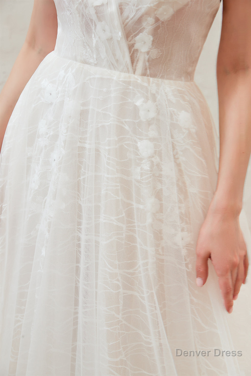 Chic Deep V Neck White Tulle Princess Open Back Wedding Dresses with Court Train