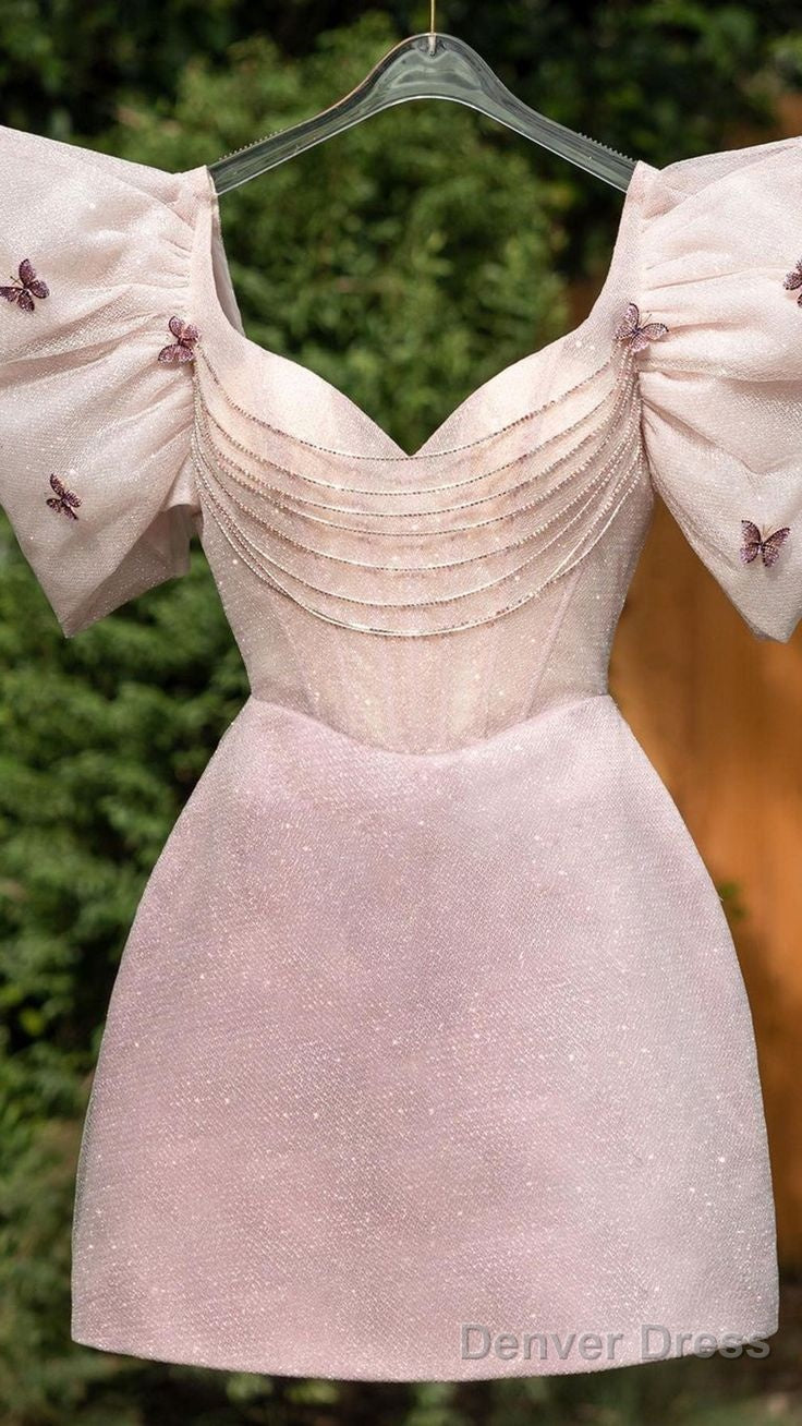 Chic Glitter A Line V Neck Puff Sleeves Gowns Beaded Short Homecoming Dresses Birthday Outfits