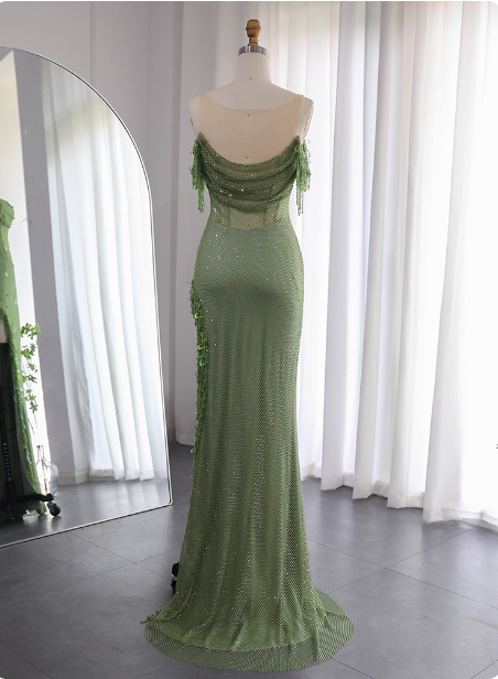 Chic Green Mermaid Tassel Slit Tulle Long Prom Dresses Evening Dresses Secondary image