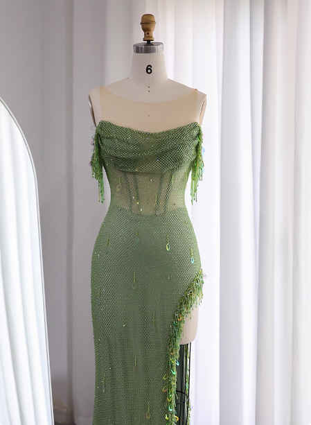 Chic Green Mermaid Tassel Slit Tulle Long Prom Dresses Evening Dresses