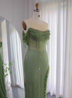 Chic Green Mermaid Tassel Slit Tulle Long Prom Dresses Evening Dresses