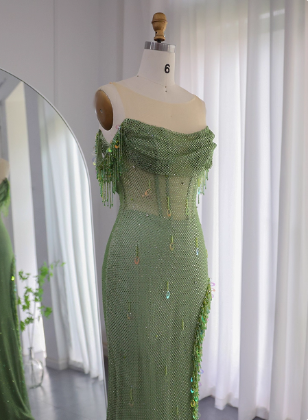 Chic Green Mermaid Tassel Slit Tulle Long Prom Dresses Evening Dresses