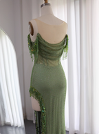 Chic Green Mermaid Tassel Slit Tulle Long Prom Dresses Evening Dresses