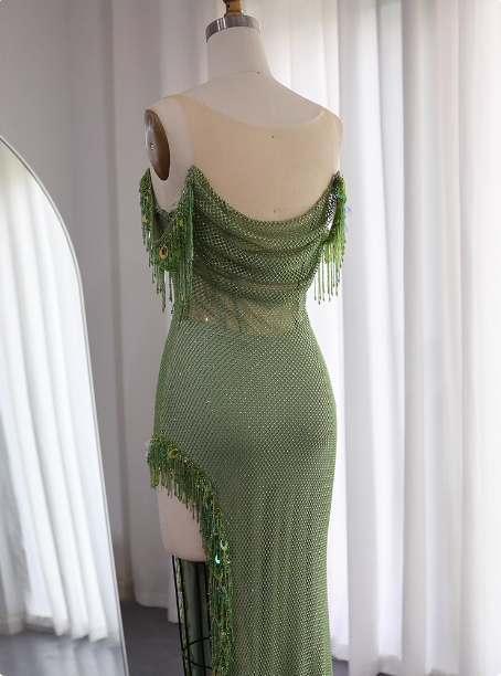 Chic Green Mermaid Tassel Slit Tulle Long Prom Dresses Evening Dresses