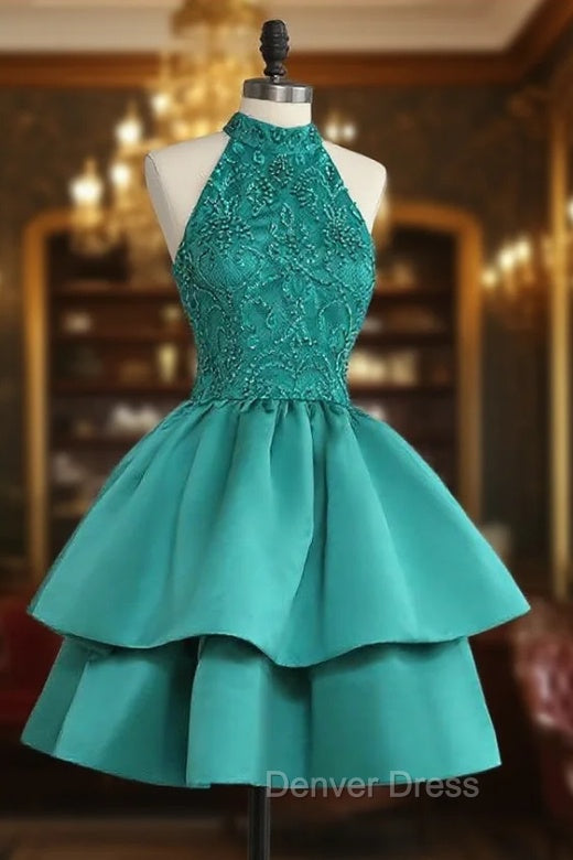 Chic Green Satin and Lace Layers Homecoming Dresses, New Homecoming Dresses Main image