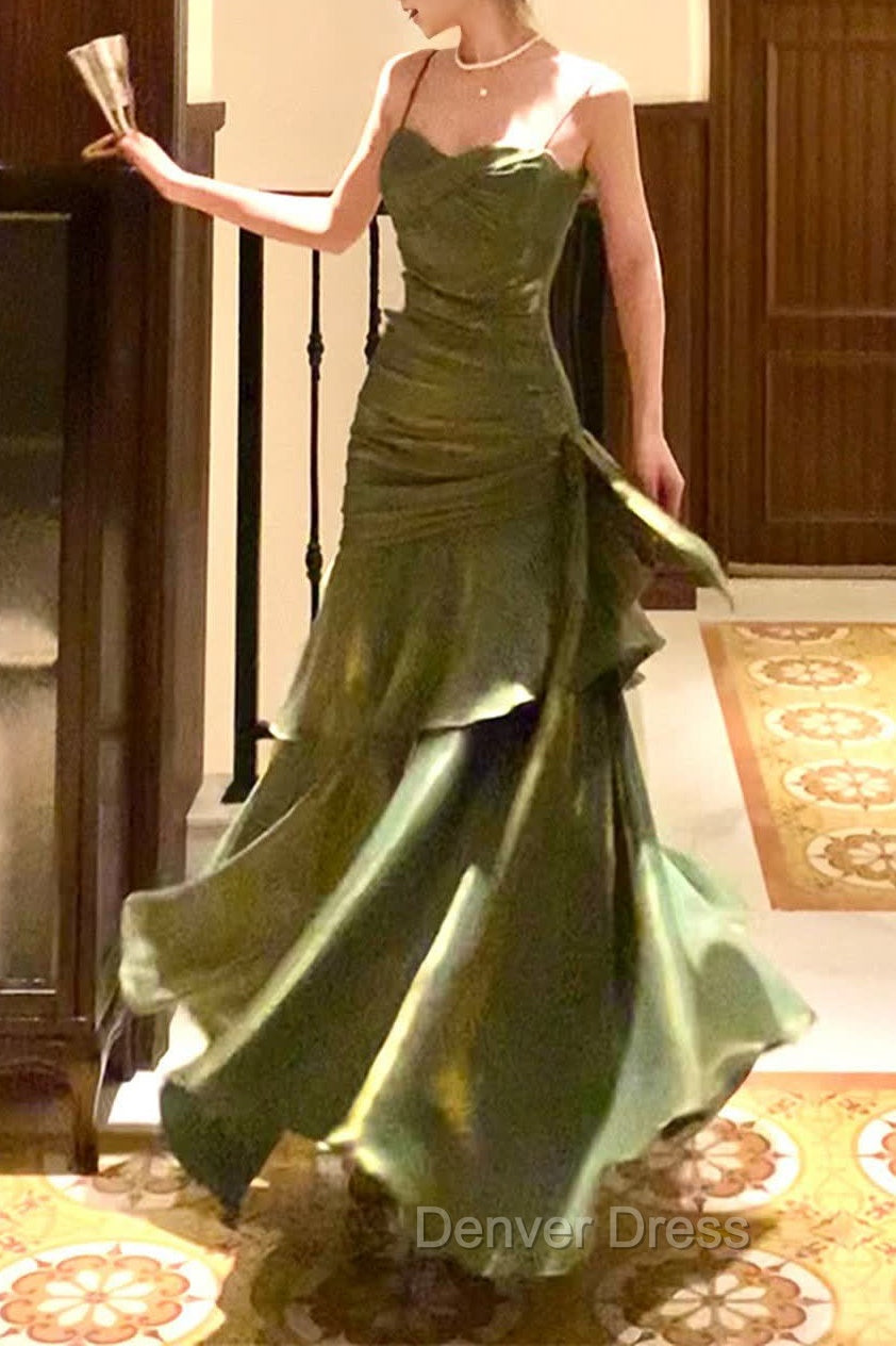 Chic Green Straps Sweetheart Long Prom Dress, Green Prom Dress