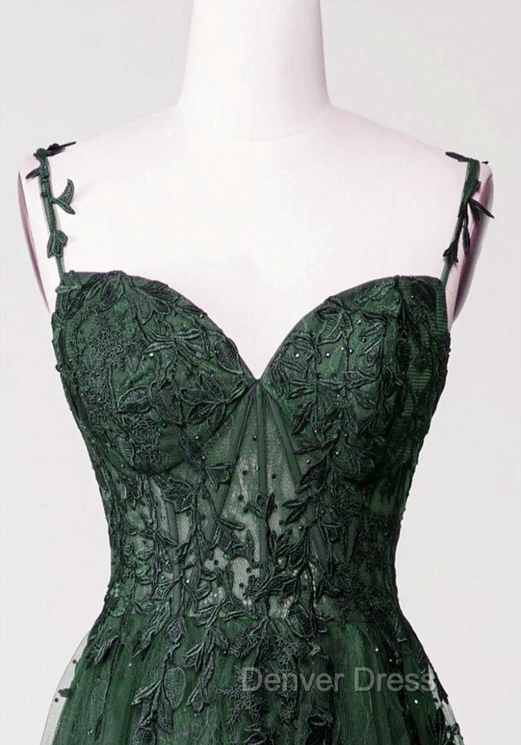 Chic Green Straps Tulle with Lace Party Dresses, A-line Sweetheart Floor Length Prom Dresses Secondary image