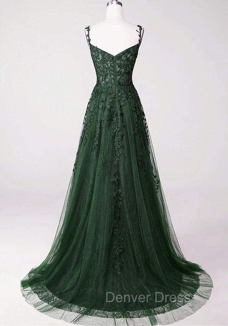 Chic Green Straps Tulle with Lace Prom Dress, A Line Sweetheart Floor Length Prom Dresses
