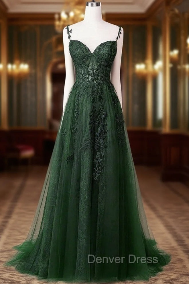 Chic Green Straps Tulle with Lace Party Dresses, A-line Sweetheart Floor Length Prom Dresses Main image