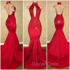 Chic Halter Mermaid Prom Party GownsLong With Lace Appliques
