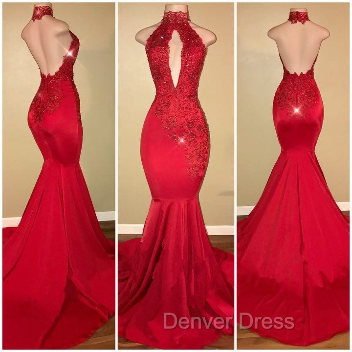 Chic Halter Mermaid Prom Party GownsLong With Lace Appliques