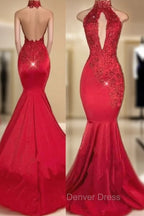 Chic Halter Mermaid Prom Party GownsLong With Lace Appliques