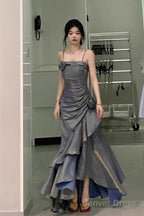 Chic High Low Spaghetti Straps Gray Blue Long Party Dresses Birthday Outfits
