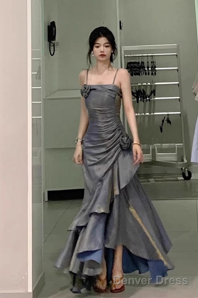 Chic High Low Spaghetti Straps Gray Blue Long Party Dresses Birthday Outfits