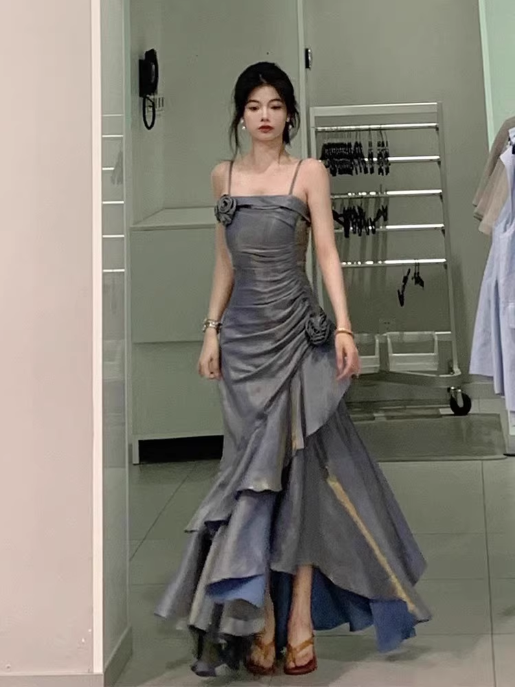 Chic High Low Spaghetti Straps Gray Blue Long Prom Dresses Birthday Outfits Secondary image