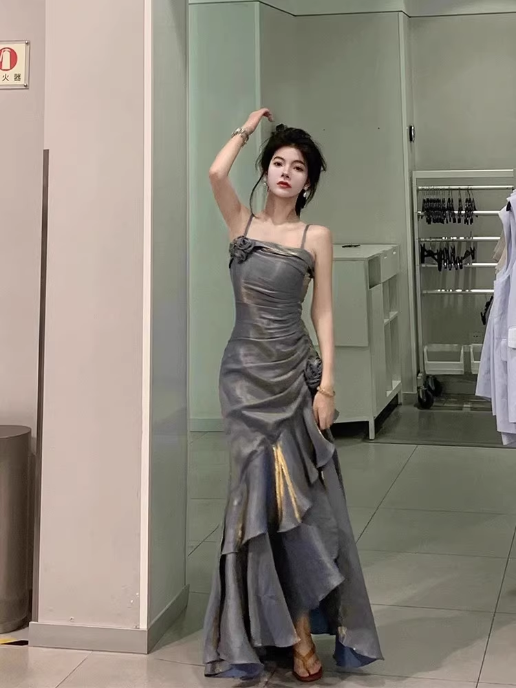 Chic High Low Spaghetti Straps Gray Blue Long Prom Dresses Birthday Outfits