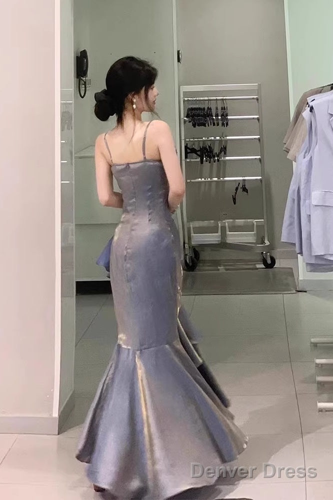 Chic High Low Spaghetti Straps Gray Blue Long Prom Dresses Birthday Outfits