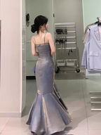 Chic High Low Spaghetti Straps Gray Blue Long Prom Dresses Birthday Outfits