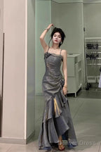 Chic High Low Spaghetti Straps Gray Blue Long Prom Dresses Birthday Outfits