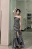 Chic High Low Spaghetti Straps Gray Blue Long Prom Dresses Birthday Outfits