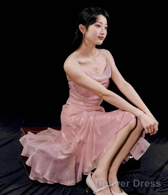 Chic High Low Spaghetti Straps Pink Knee Length Prom Dresses Birthday Outfits