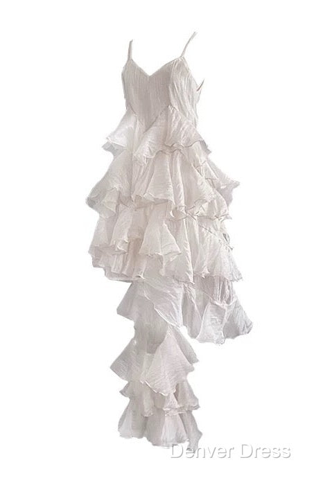 Chic High Low Spaghetti Straps Prom Dresses Birthday Dresses With Ruffles