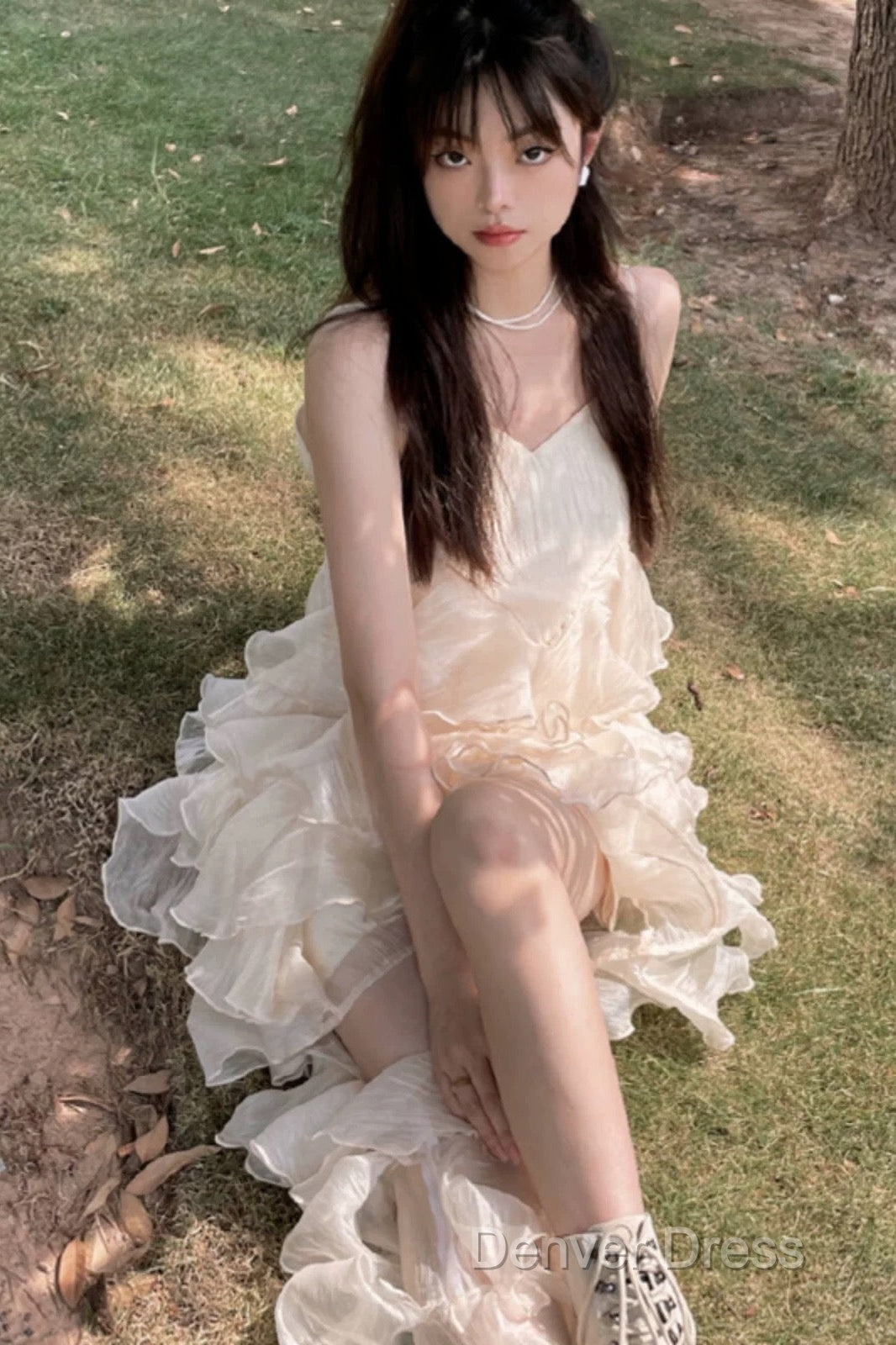 Chic High Low Spaghetti Straps Prom Dresses Birthday Dresses With Ruffles