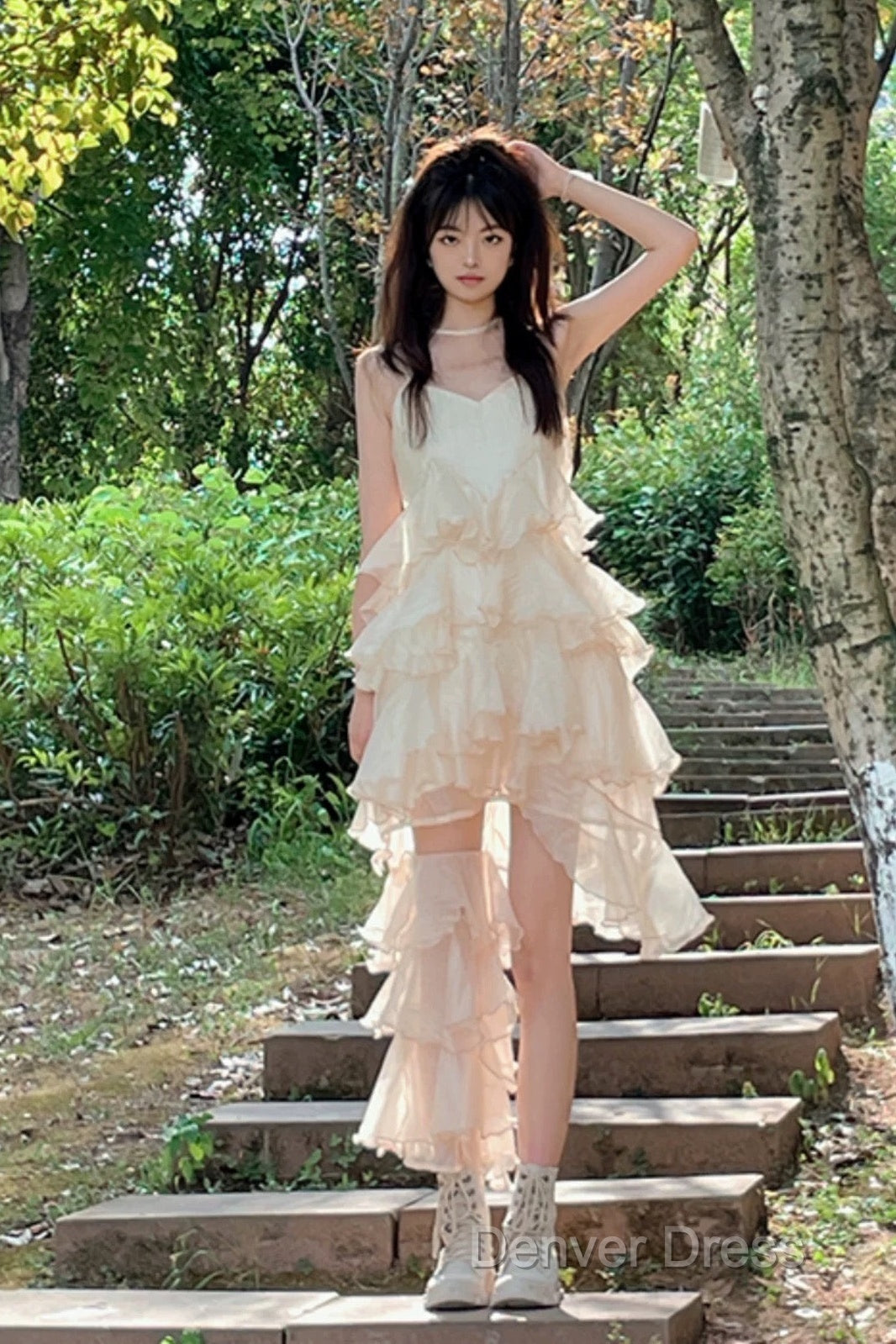 Chic High Low Spaghetti Straps Prom Dresses Birthday Dresses With Ruffles