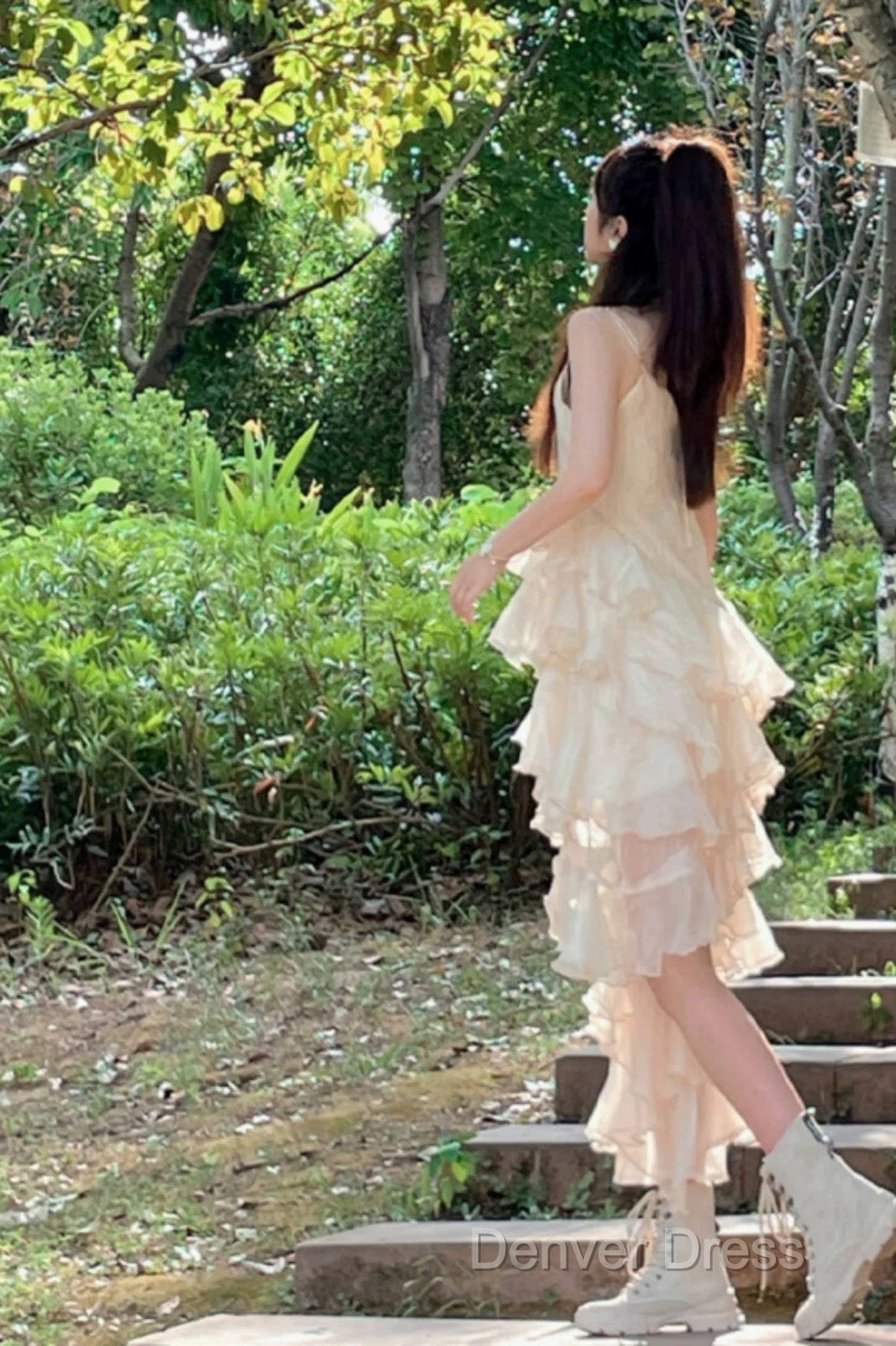 Chic High Low Spaghetti Straps Prom Dresses Birthday Dresses With Ruffles