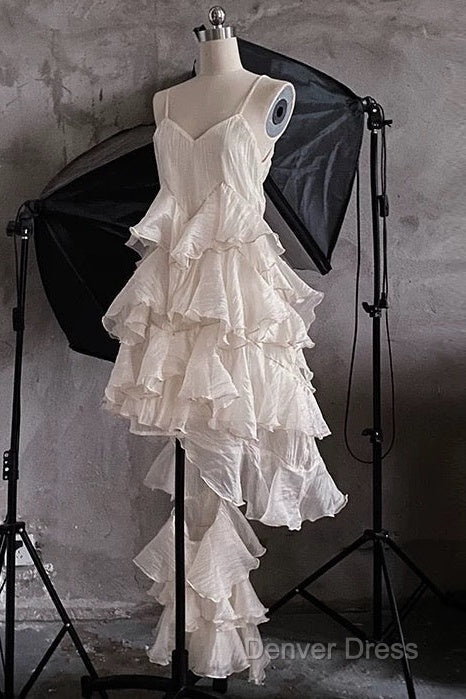 Chic High Low Spaghetti Straps Prom Dress Birthday Dresses With Ruffles