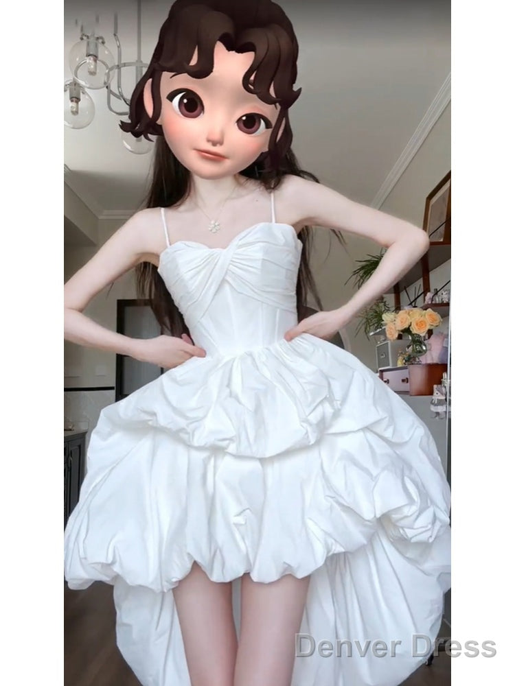 Chic High Low Spaghetti Straps White Beach Dress Prom Dress Birthday Dresses Birthday Outfits