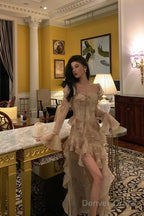 Chic High Low Sweetheart Long Sleeves Floral Ruffles Chiffon Prom Dresses Birthday Outfits