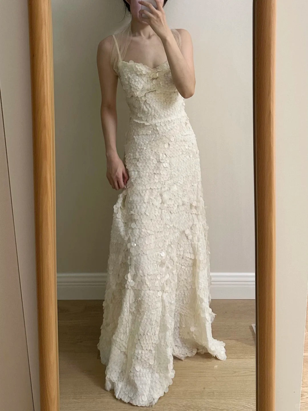 Chic Ivory Fitted Spaghetti Strap Sequined Long Prom Dresses Evening Dresses Bridesmaid Dresses Main image