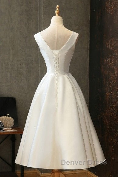 Chic Lace Up Tea Length Vintage Satin Ivory Wedding Dresses Secondary image