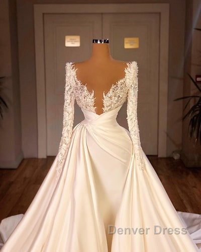 Chic Long A-line Cathedral V-neck Satin Lace Wedding Dresses With Sleeves Secondary image