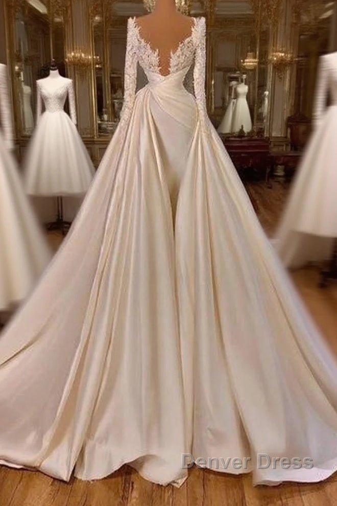Chic Long A-line Cathedral V-neck Satin Lace Wedding Dresses With Sleeves Main image