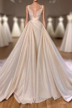 Chic Long A-line Sleeveless Spaghetti Strap Cathedral V-neck Satin Lace Wedding Dresses