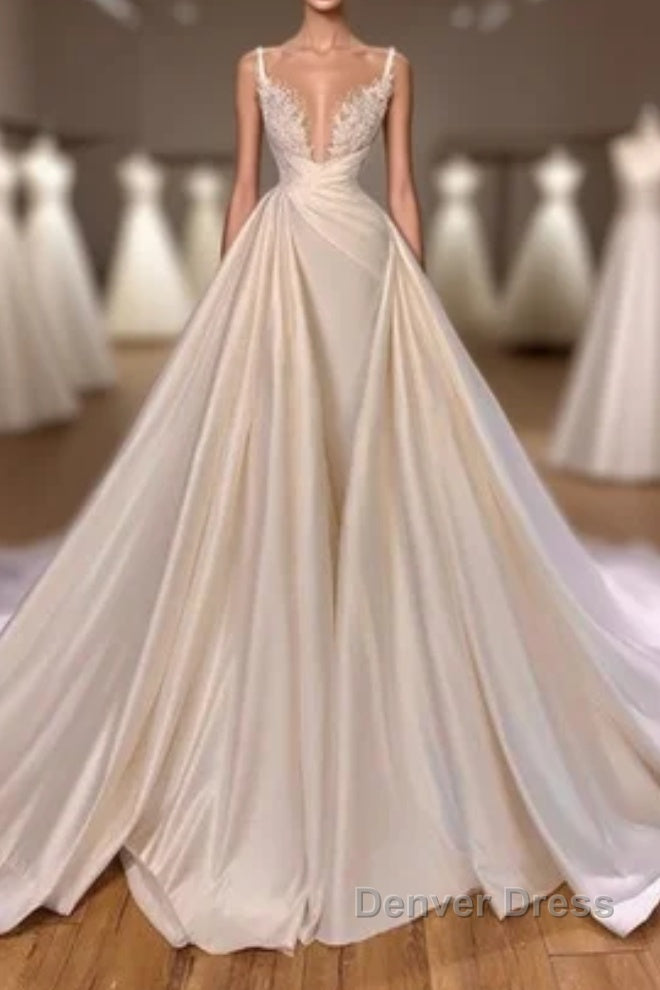 Chic Long A-line Sleeveless Spaghetti Strap Cathedral V-neck Satin Lace Wedding Dresses