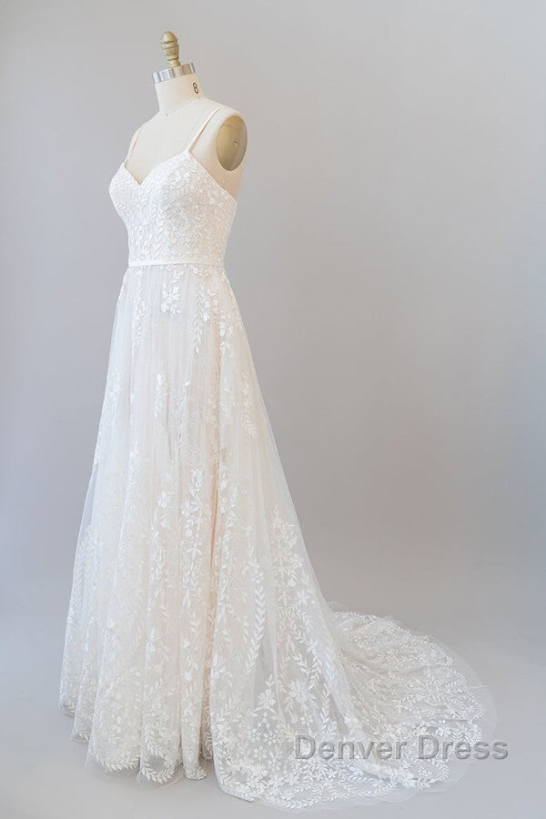 Chic Long A Line Sweetheart Spaghetti Strap Appliques Tulle Wedding Dresses