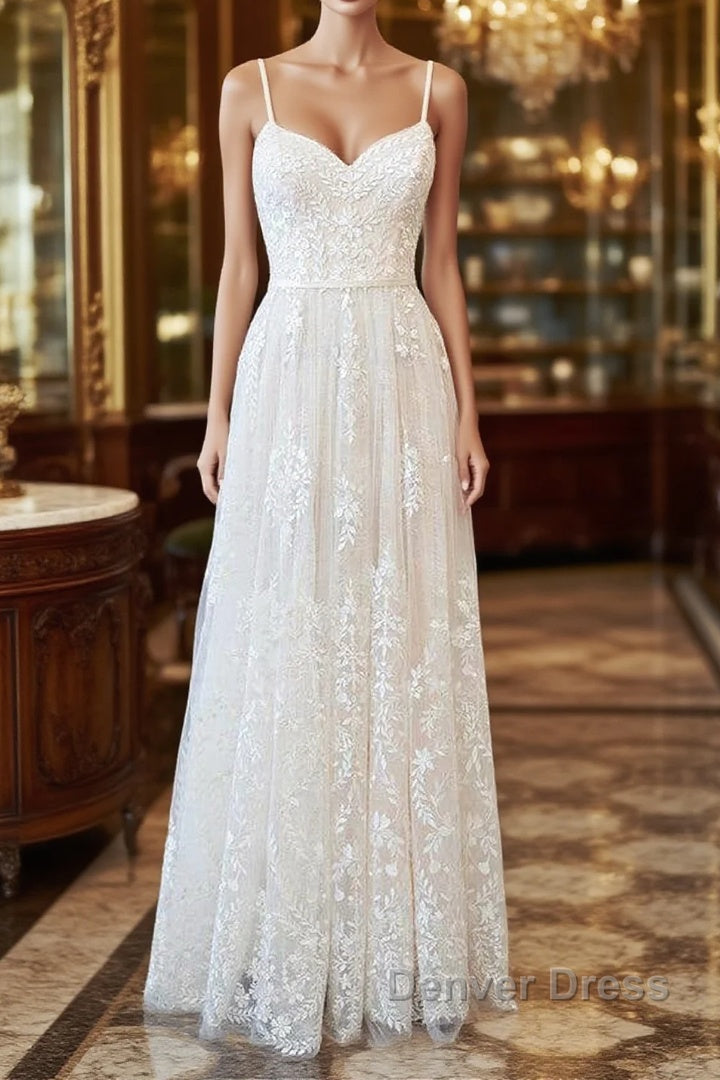 Chic Long A-line Sweetheart Spaghetti Strap Appliques Tulle Wedding Dresses Main image