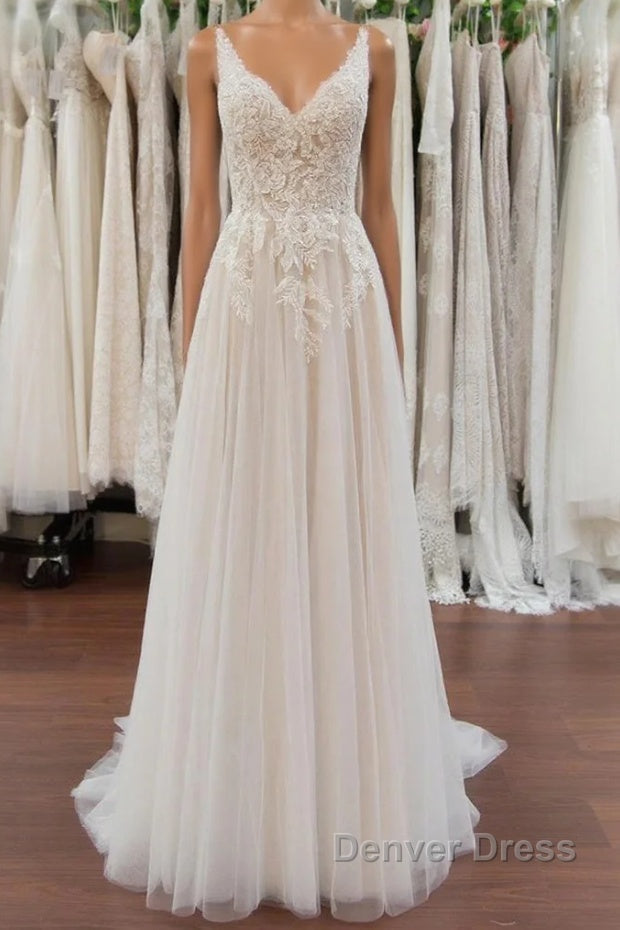 Chic Long A Line V neck Appliques Lace Tulle Wedding Dresses Main image