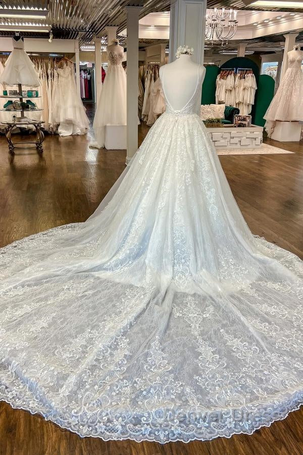Chic Long A Line V Neck Floral Lace Open Back Wedding Dresses