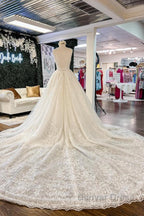 Chic Long A Line V Neck Floral Lace Open Back Wedding Dresses